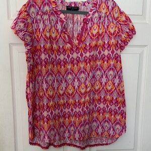 Lane Bryant Pink & Yellow Ikat Short Sleeve V-Neck Blouse